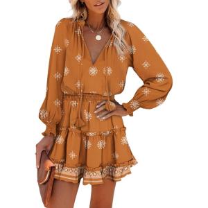 image:imageDokotoo Spring Dresses for Women 2026 Boho Floral Drawstring V Neck Smocked Long Sleeve Ruffle Tiered Chiffon Mini DressKhaki