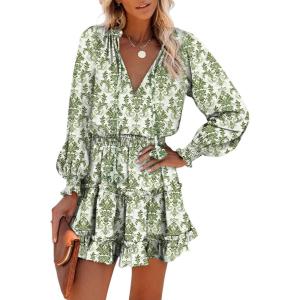 image:imageDokotoo Spring Dresses for Women 2026 Boho Floral Drawstring V Neck Smocked Long Sleeve Ruffle Tiered Chiffon Mini DressLight Green