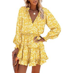 image:imageDokotoo Spring Dresses for Women 2026 Boho Floral Drawstring V Neck Smocked Long Sleeve Ruffle Tiered Chiffon Mini DressYellow