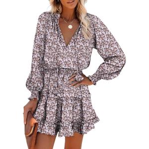 image:imageDokotoo Spring Dresses for Women 2026 Boho Floral Drawstring V Neck Smocked Long Sleeve Ruffle Tiered Chiffon Mini DressZ Print Leopard