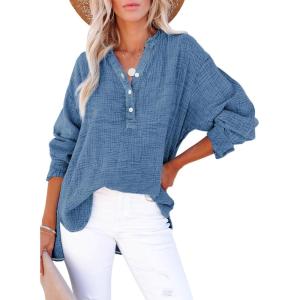 image:imageDokotoo Womens Casual Button V Neck Long Sleeve Shirts Oversized Solid Blouses TopsDark Blue