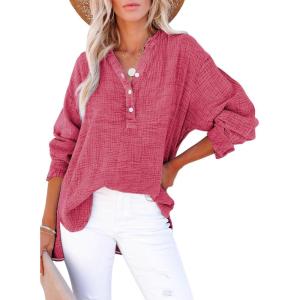 image:imageDokotoo Womens Casual Button V Neck Long Sleeve Shirts Oversized Solid Blouses TopsRose Red