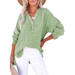 image:imageDokotoo Womens Casual Button V Neck Long Sleeve Shirts Oversized Solid Blouses TopsSmoke Green