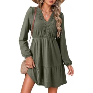image:imageDokotoo Womens Dresses Spring Summer Elegant Lace Hollow Out Embroidered V Neck Long Sleeve Casual ALine Swing Mini DressArmy Green
