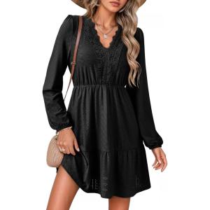 image:imageDokotoo Womens Dresses Spring Summer Elegant Lace Hollow Out Embroidered V Neck Long Sleeve Casual ALine Swing Mini DressBlack