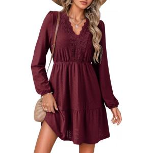 image:imageDokotoo Womens Dresses Spring Summer Elegant Lace Hollow Out Embroidered V Neck Long Sleeve Casual ALine Swing Mini DressBurgundy