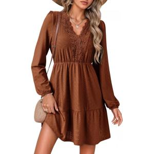 image:imageDokotoo Womens Dresses Spring Summer Elegant Lace Hollow Out Embroidered V Neck Long Sleeve Casual ALine Swing Mini DressCinnamon