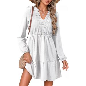 image:imageDokotoo Womens Dresses Spring Summer Elegant Lace Hollow Out Embroidered V Neck Long Sleeve Casual ALine Swing Mini DressWhite