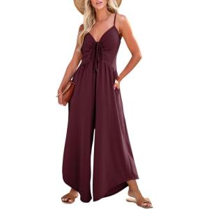 image:imageDokotoo Womens Jumpsuits Spaghetti Straps Ruched Drawstring Knit Wide Leg Romper Casual Jumpsuits with PocketsWine Red