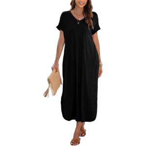 image:imageDokotoo Womens Long Shirts Casual Maxi Dress Summer Dresses Swimsuit Coverups for Women Short Sleeve Beach Dress Sundress Plus Size Black Dresses M