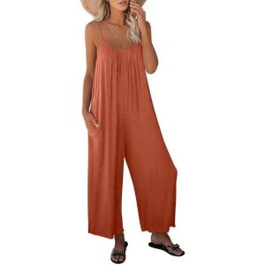 image:imageDokotoo Womens Loose Sleeveless Jumpsuits Adjustable Spaghetti Strap Stretchy Long Pant Romper Jumpsuit with PocketsA Rust Red