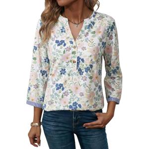 image:imageDokotoo Womens Tops Spring Summer 34 Length Sleeve Fashion TShirts V Neck Button Down Dressy Casual Loose Basic Tee BlousesFloral Blue