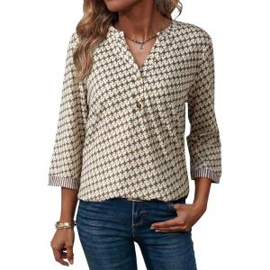 image:imageDokotoo Womens Tops Spring Summer 34 Length Sleeve Fashion TShirts V Neck Button Down Dressy Casual Loose Basic Tee BlousesFloral Brown