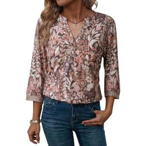 image:imageDokotoo Womens Tops Spring Summer 34 Length Sleeve Fashion TShirts V Neck Button Down Dressy Casual Loose Basic Tee BlousesFloral Multicoloured