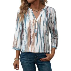 image:imageDokotoo Womens Tops Spring Summer 34 Length Sleeve Fashion TShirts V Neck Button Down Dressy Casual Loose Basic Tee BlousesFloral White