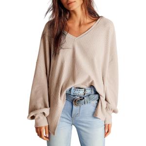 image:imageDokotoo Womens Waffle Knit Tops Fashion 2026 Long Lantern Sleeve Casual Blouses V Neck Oversized T ShirtsBeige