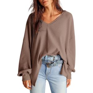 image:imageDokotoo Womens Waffle Knit Tops Fashion 2026 Long Lantern Sleeve Casual Blouses V Neck Oversized T ShirtsBrown