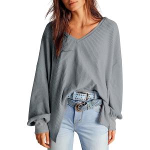 image:imageDokotoo Womens Waffle Knit Tops Fashion 2026 Long Lantern Sleeve Casual Blouses V Neck Oversized T ShirtsGray