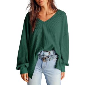image:imageDokotoo Womens Waffle Knit Tops Fashion 2026 Long Lantern Sleeve Casual Blouses V Neck Oversized T ShirtsGreen