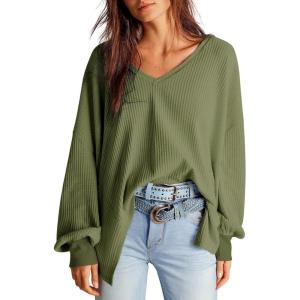 image:imageDokotoo Womens Waffle Knit Tops Fashion 2026 Long Lantern Sleeve Casual Blouses V Neck Oversized T ShirtsLight Green