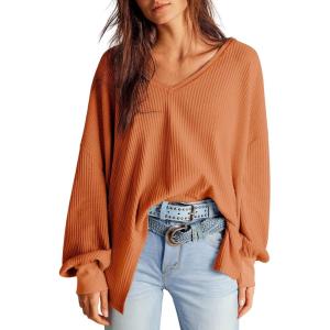 image:imageDokotoo Womens Waffle Knit Tops Fashion 2026 Long Lantern Sleeve Casual Blouses V Neck Oversized T ShirtsOrange