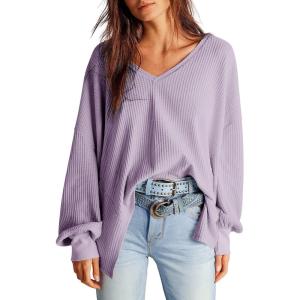 image:imageDokotoo Womens Waffle Knit Tops Fashion 2026 Long Lantern Sleeve Casual Blouses V Neck Oversized T ShirtsPurple