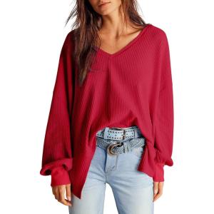 image:imageDokotoo Womens Waffle Knit Tops Fashion 2026 Long Lantern Sleeve Casual Blouses V Neck Oversized T ShirtsRed