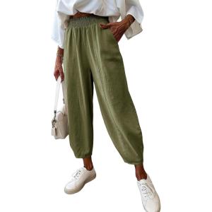 image:imageDokotoo Womens Wide Leg Casual Pants for Summer Spring Cotton Baggy Loose Lounge Harem Pants Comfort Vacation OutfitsJungle Green