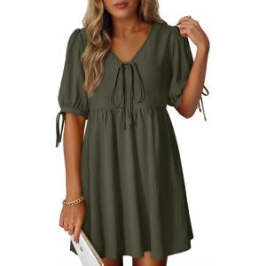 image:imageDokotoo Summer Dresses for Women 2026 Casual V Neck Bow Tie Short Sleeve Empire Waist ALine Mini DressGreen