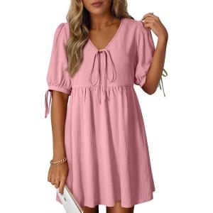 image:imageDokotoo Summer Dresses for Women 2026 Casual V Neck Bow Tie Short Sleeve Empire Waist ALine Mini DressPink