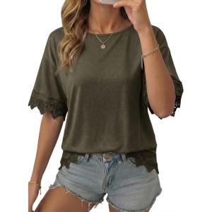 image:imageDokotoo Womens Summer Tops 2026 Oversized Short Sleeve Shirts Casual Loose Lace Patchwork Tshirt Fashion OutfitsArmy Green
