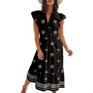 image:imageDokotoo Womens Dresses 2026 Summer VNeck Ruffle Cap Sleeve Empire Waist Flowy Striped Beach Midi Maxi Dress with PocketsBlack Floral