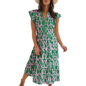 image:imageDokotoo Womens Dresses 2026 Summer VNeck Ruffle Cap Sleeve Empire Waist Flowy Striped Beach Midi Maxi Dress with PocketsGreen Floral