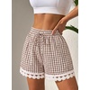 image:imageDokotoo Womens Shorts Summer Casual Loose Elastic Waist Drawstring Lace Boho Beach Cover Up ShortsBrown Plaid
