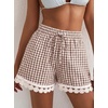 image:imageDokotoo Womens Shorts Summer Casual Loose Elastic Waist Drawstring Lace Boho Beach Cover Up ShortsBrown Plaid