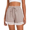 image:imageDokotoo Womens Shorts Summer Casual Loose Elastic Waist Drawstring Lace Boho Beach Cover Up ShortsBrown Plaid