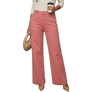 image:imageDOKOTOO Womens Casual High Waisted Jeans Stretch Button Wide Leg Loose Denim Pants with PocketsPeach Blossom
