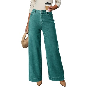 image:imageDOKOTOO Womens Casual High Waisted Jeans Stretch Button Wide Leg Loose Denim Pants with PocketsTurquoise