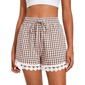 image:imageDokotoo Womens Shorts Summer Casual Loose Elastic Waist Drawstring Lace Boho Beach Cover Up ShortsBrown Plaid