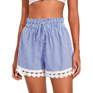 image:imageDokotoo Womens Shorts Summer Casual Loose Elastic Waist Drawstring Lace Boho Beach Cover Up ShortsDark Blue Plaid