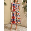 image:imageDokotoo Womens Dresses 2026 Summer VNeck Ruffle Cap Sleeve Empire Waist Flowy Striped Beach Midi Maxi Dress with PocketsApricot Floral
