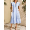 image:imageDokotoo Womens Dresses 2026 Summer VNeck Ruffle Cap Sleeve Empire Waist Flowy Striped Beach Midi Maxi Dress with PocketsLight Blue Stripe
