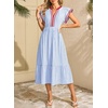 image:imageDokotoo Womens Dresses 2026 Summer VNeck Ruffle Cap Sleeve Empire Waist Flowy Striped Beach Midi Maxi Dress with PocketsLight Blue Stripered