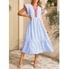 image:imageDokotoo Womens Dresses 2026 Summer VNeck Ruffle Cap Sleeve Empire Waist Flowy Striped Beach Midi Maxi Dress with PocketsLight Blue Stripered