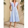 image:imageDokotoo Womens Dresses 2026 Summer VNeck Ruffle Cap Sleeve Empire Waist Flowy Striped Beach Midi Maxi Dress with PocketsLight Blue Stripered