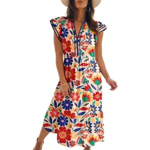 image:imageDokotoo Womens Dresses 2026 Summer VNeck Ruffle Cap Sleeve Empire Waist Flowy Striped Beach Midi Maxi Dress with PocketsApricot Floral