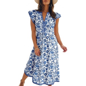 image:imageDokotoo Womens Dresses 2026 Summer VNeck Ruffle Cap Sleeve Empire Waist Flowy Striped Beach Midi Maxi Dress with PocketsBlue Floral