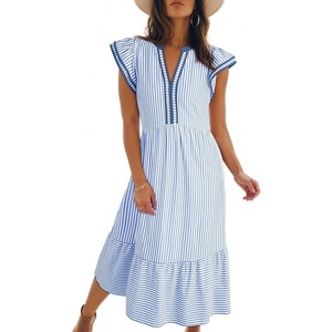 image:imageDokotoo Womens Dresses 2026 Summer VNeck Ruffle Cap Sleeve Empire Waist Flowy Striped Beach Midi Maxi Dress with PocketsLight Blue Stripe