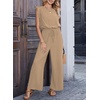 image:imageDokotoo Womens Jumpsuits Crewneck Lace Cap Sleeve Drawstring High Waist Wide Leg Casual Rompers with PocketsApricot
