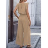 image:imageDokotoo Womens Jumpsuits Crewneck Lace Cap Sleeve Drawstring High Waist Wide Leg Casual Rompers with PocketsApricot